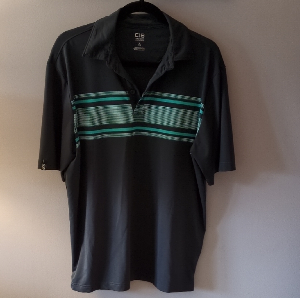 🖤 18 Haggar Clothing - Black and Green Striped Polo Shirt - Golf Shirt - Size M